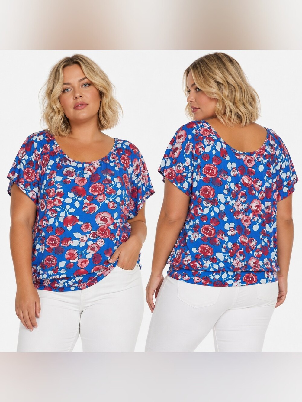 🍎NWT BUZZ Blue Floral Rose Print Banded Hem Top Silky Soft Lightweight